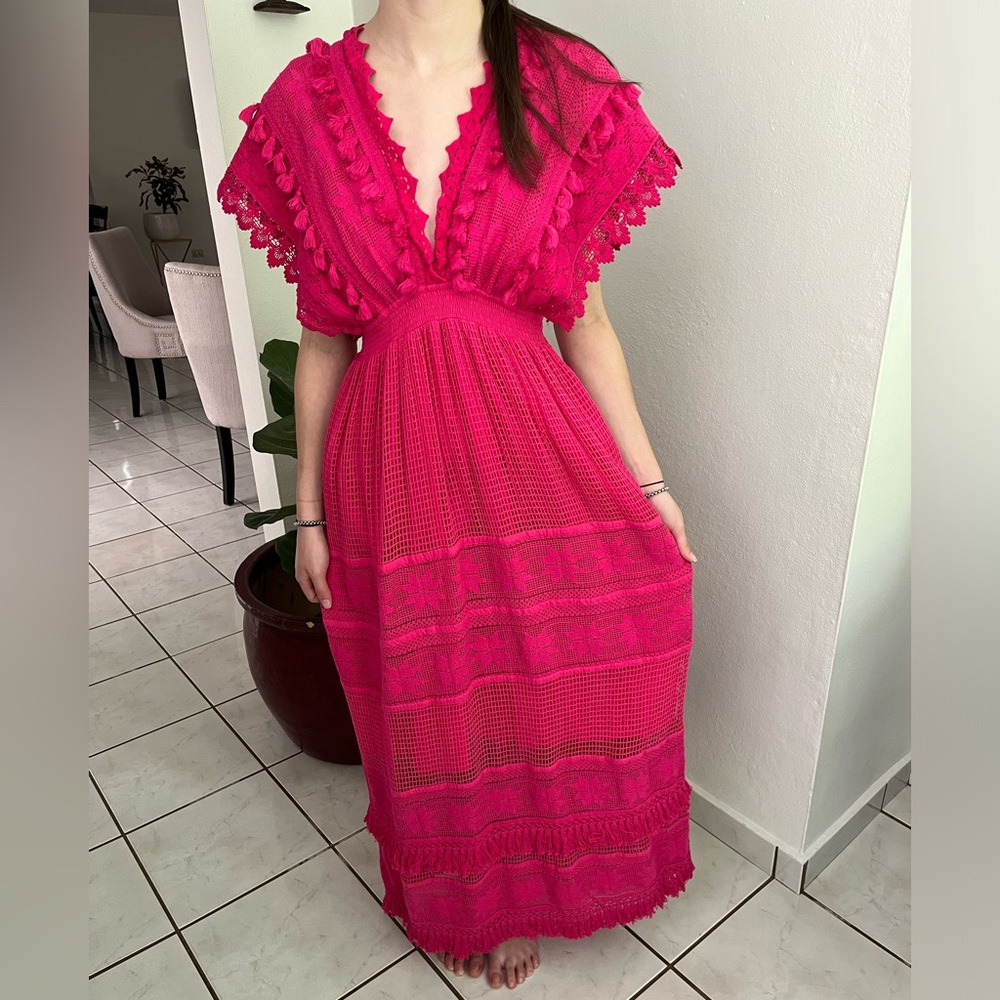 Place Nationale Lace Crochet Maxi Dress Pink, Backless, Sz 2 (6 US), NWT $391